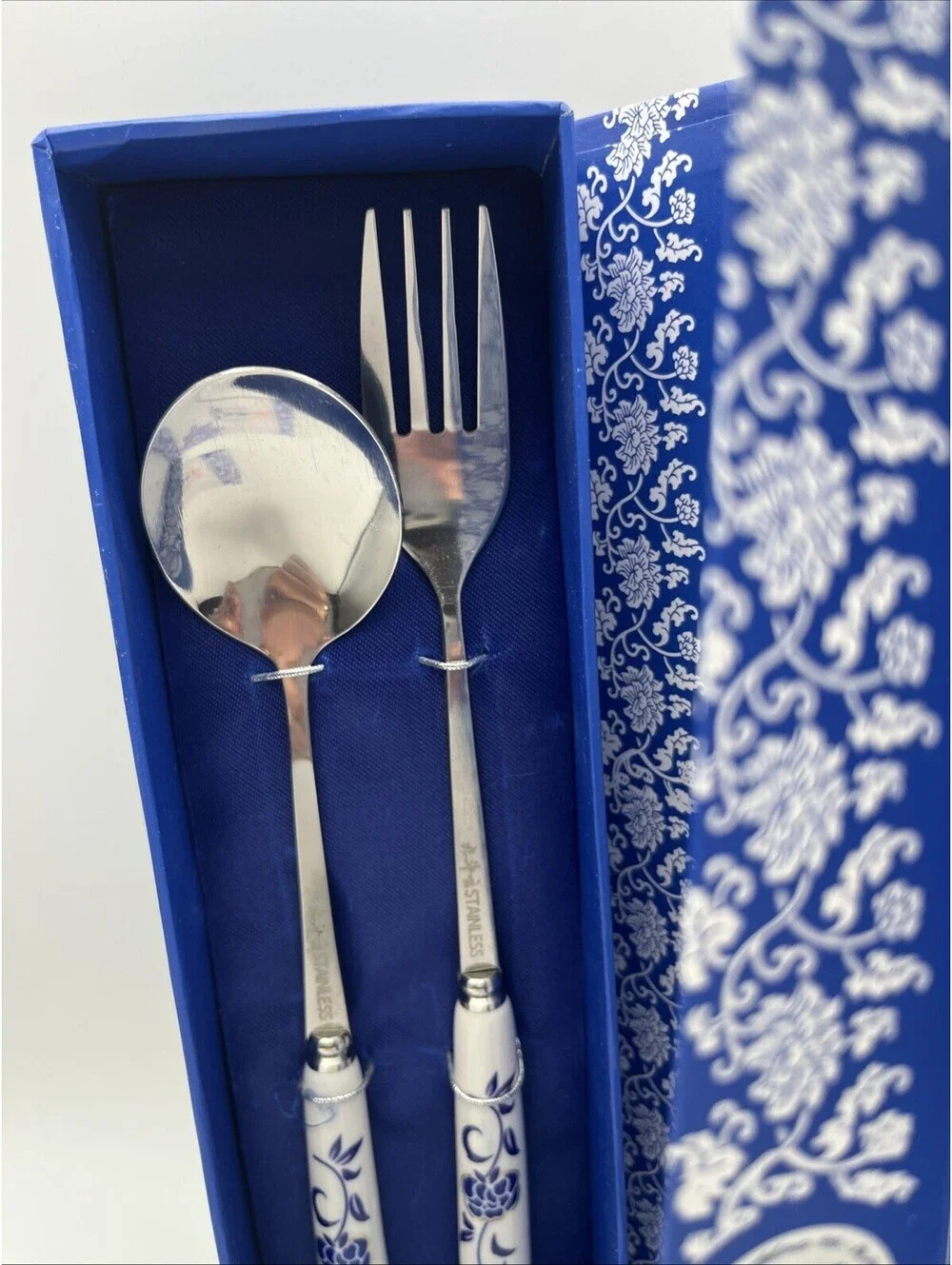 2 Blue White Asian Style Spoon Fork Sets Porcelain Handles Stainless Gift Boxed